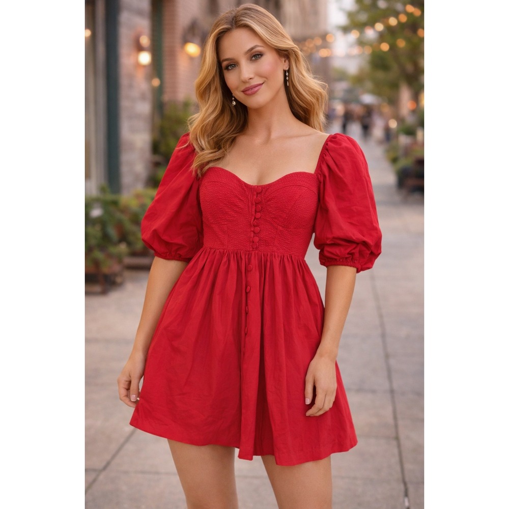 Maeve by Anthropologie Red Smocked Puff‎ Sleeve Button Front Dress